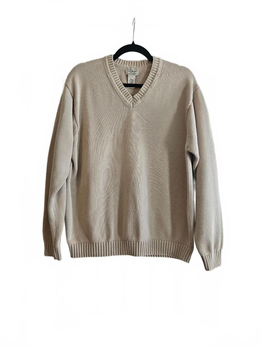 L.L.Bean Men's Beige 100% Cotton V-Neck Sweater Size Large-Vintage L.L. Bean